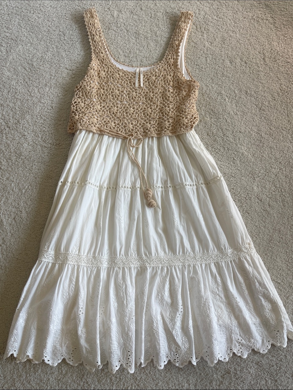 Anthropologie Cream Maxi Dress with Beige Crochet Top
